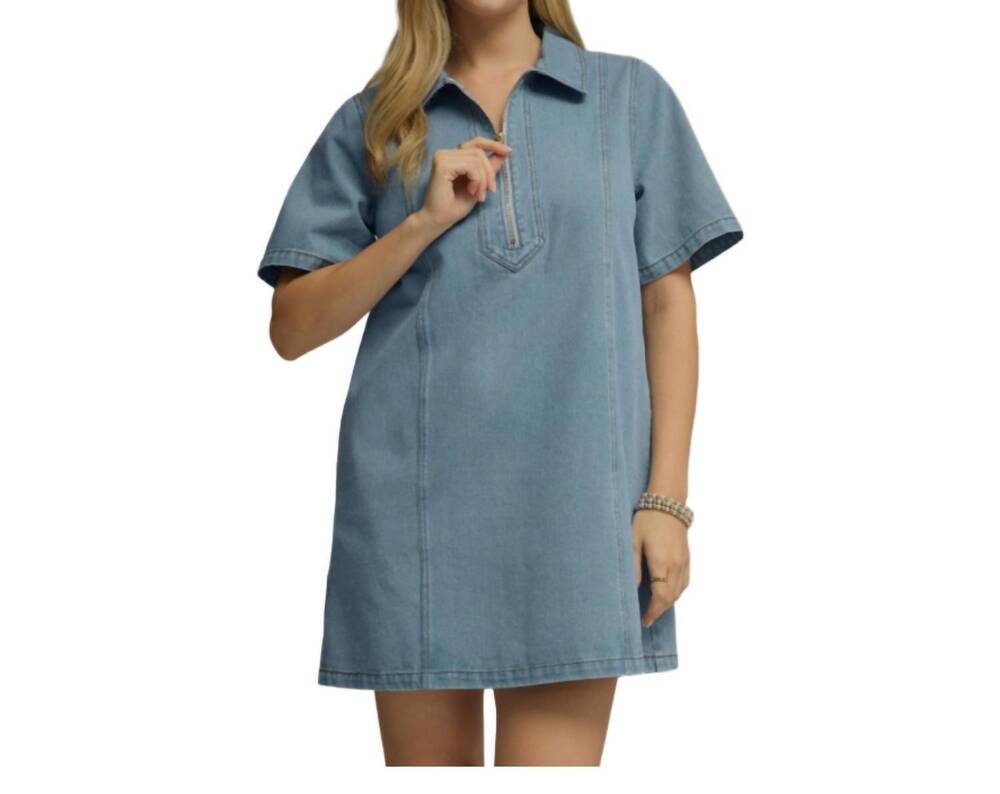 NEW ENTRO denim collared short sleeve mini dress in light wash